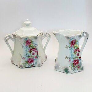 Antique Bavarian Porcelain Floral Gilded Creamer Sugar Set